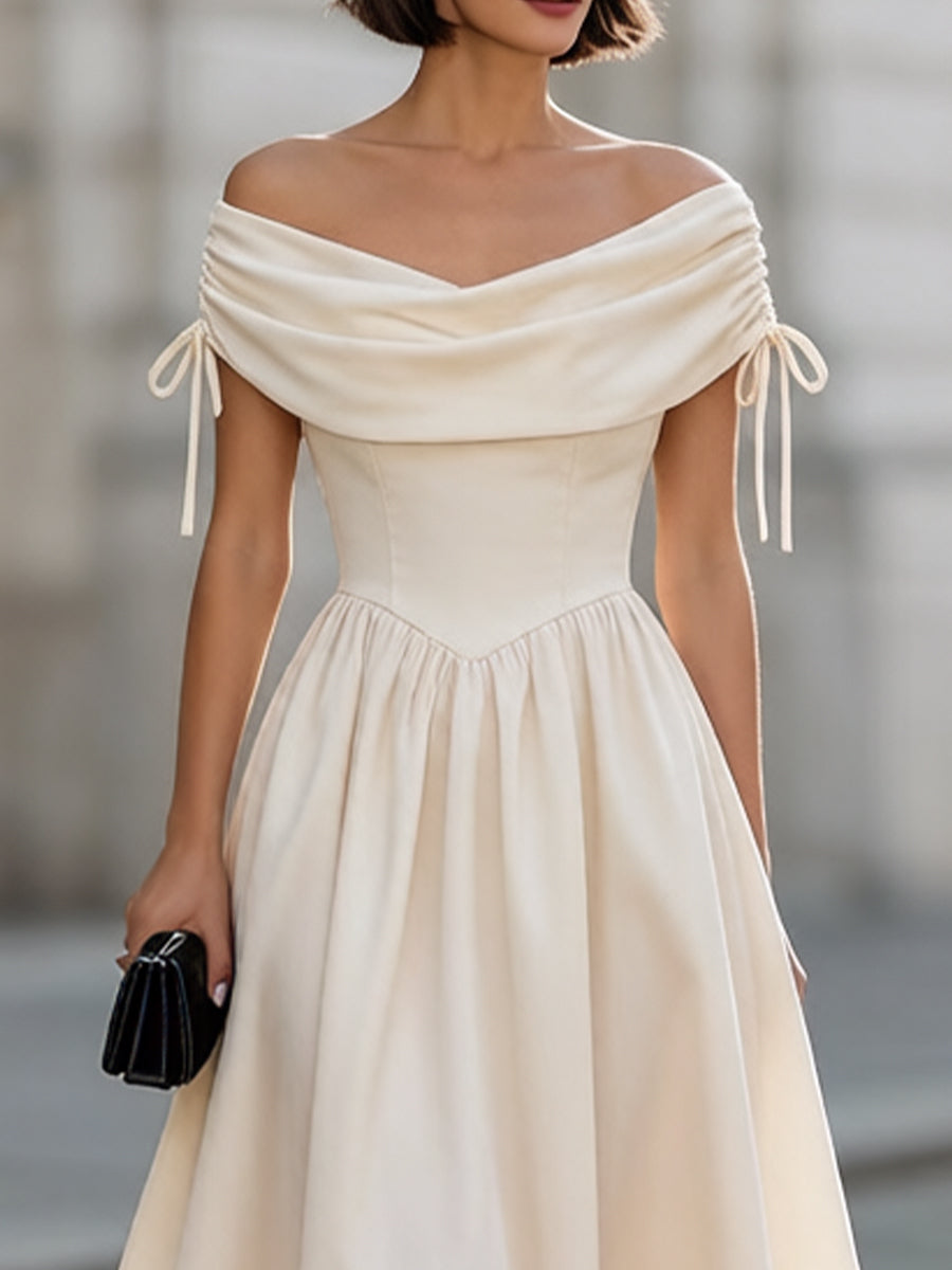 Off-the-Shoulder Draped Bow Tie A-Line Midi Dress