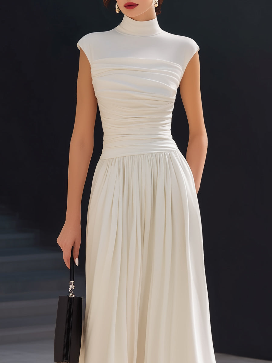 High-Neck Ruched Bodice Sleeveless Midi Dress