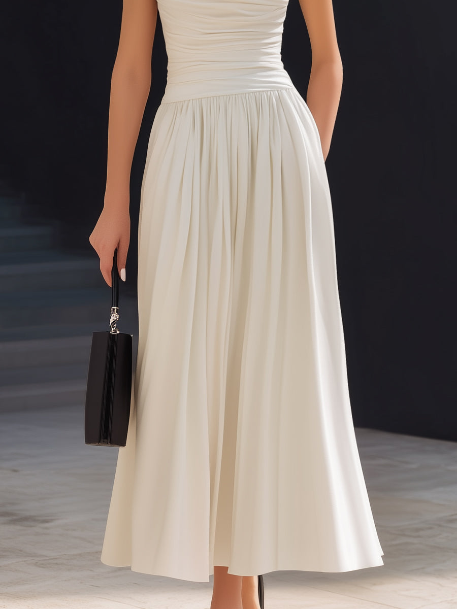 High-Neck Ruched Bodice Sleeveless Midi Dress