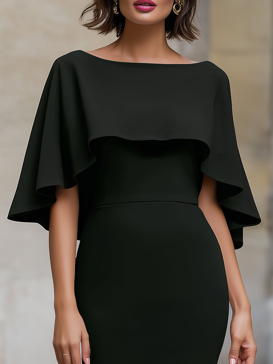 Cape Overlay Flutter Sleeve Fitted Midi Dress