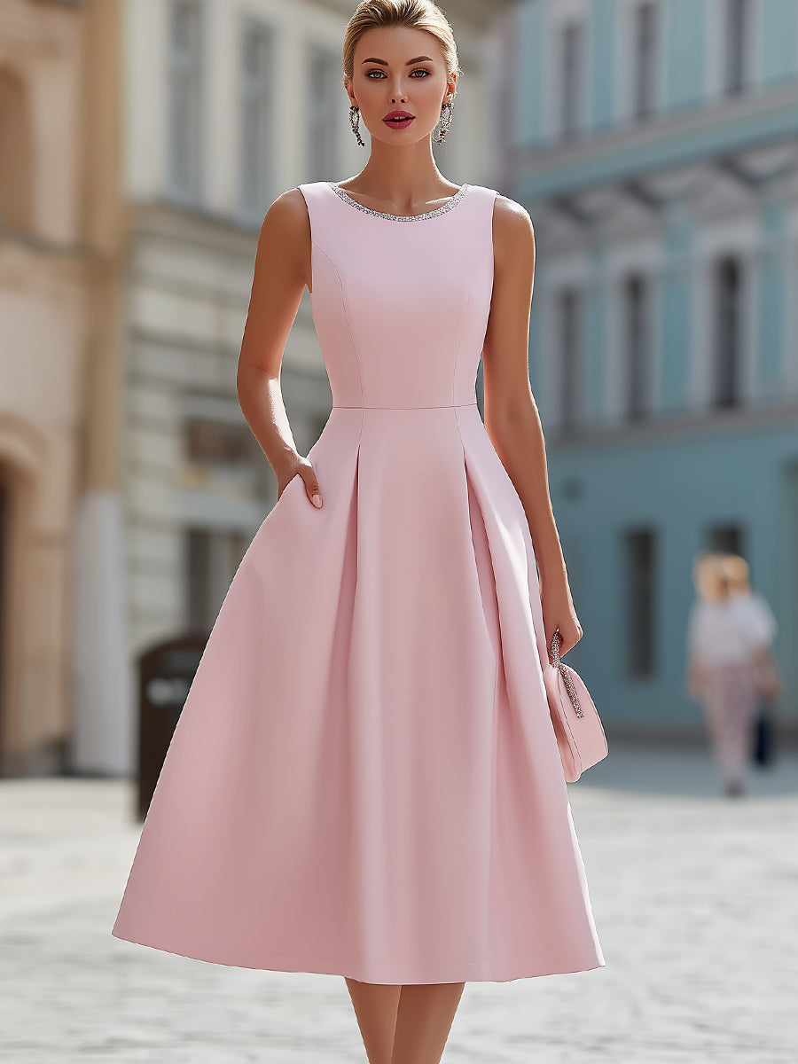 Elegant Sleeveless Rhinestone Neckline Fit & Flare Midi Cocktail Dress