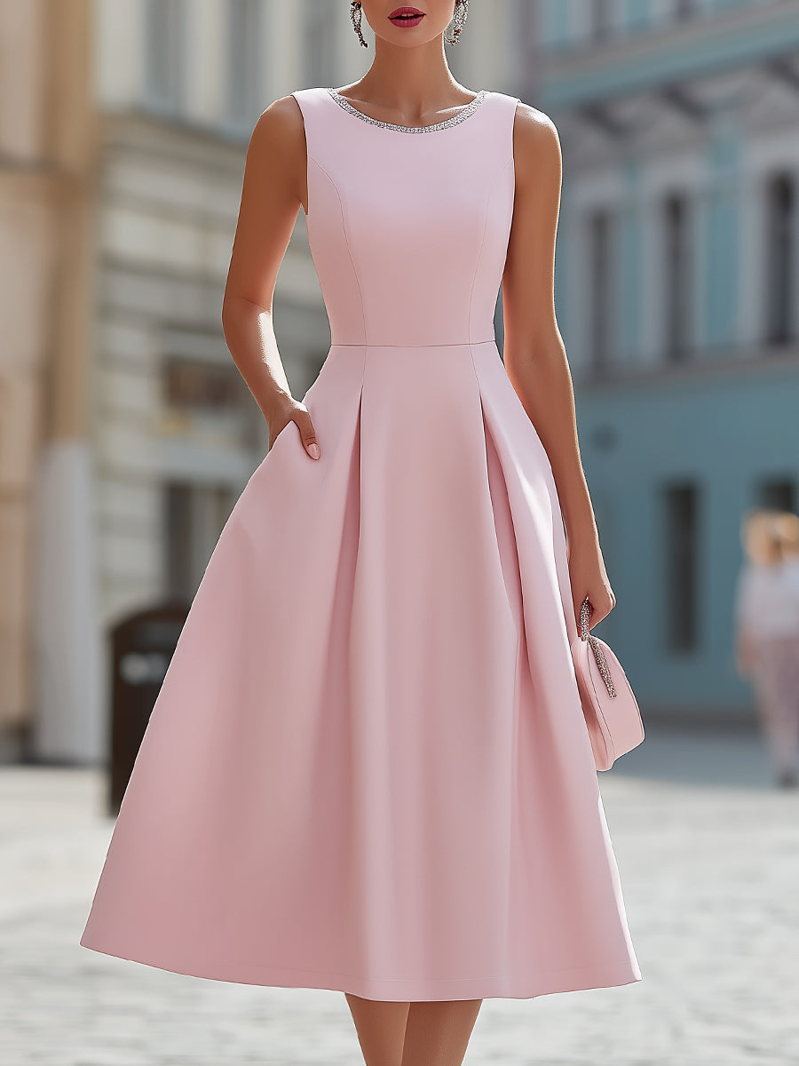 Elegant Sleeveless Rhinestone Neckline Fit & Flare Midi Cocktail Dress