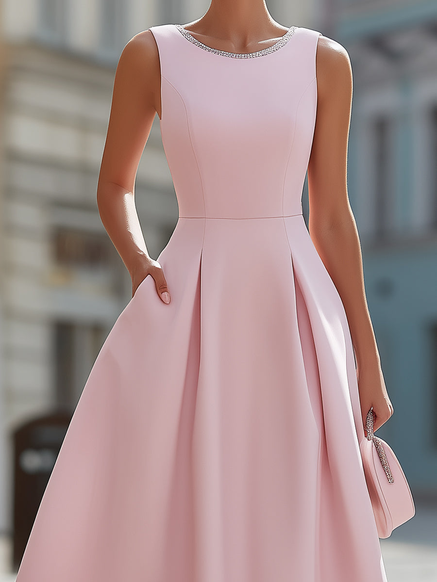 Elegant Sleeveless Rhinestone Neckline Fit & Flare Midi Cocktail Dress