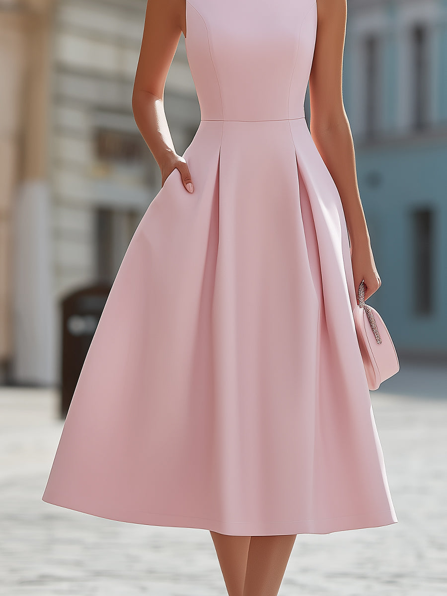 Elegant Sleeveless Rhinestone Neckline Fit & Flare Midi Cocktail Dress