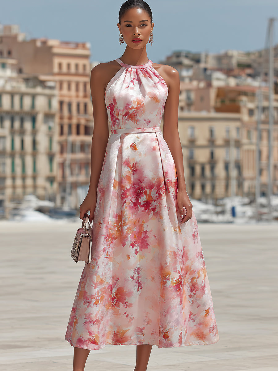 Elegant Watercolor Floral Halter Neck Satin A-Line Midi Dress