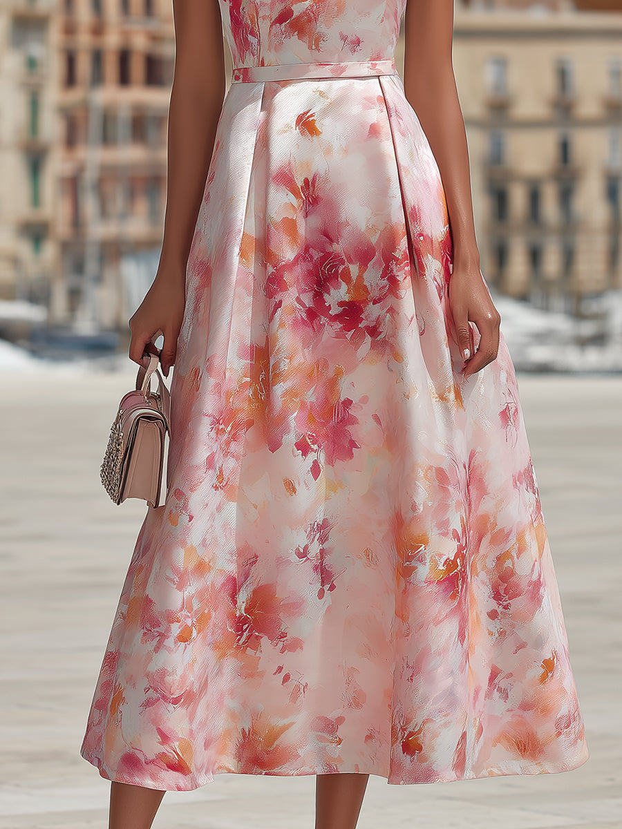 Elegant Watercolor Floral Halter Neck Satin A-Line Midi Dress