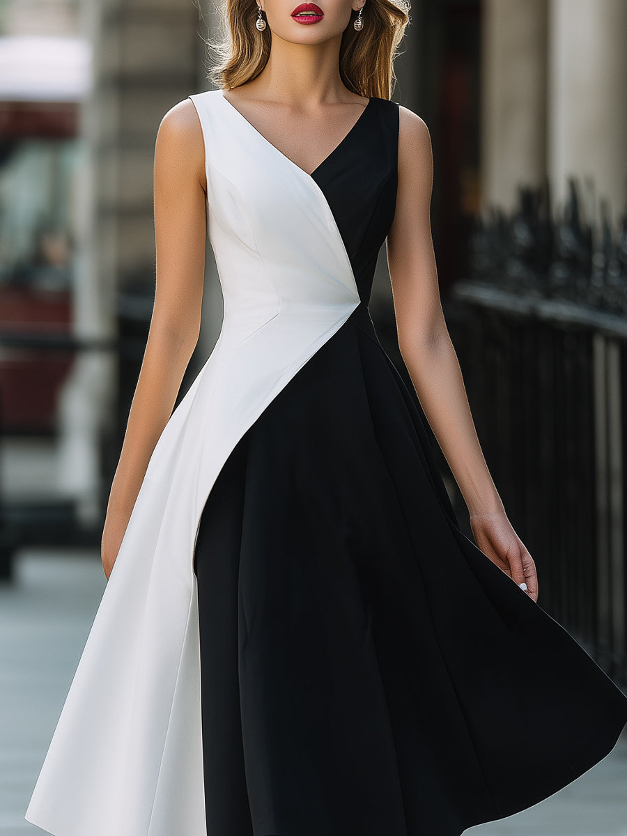 Sleeveless Asymmetric Contrast Panel A-Line Midi Dress