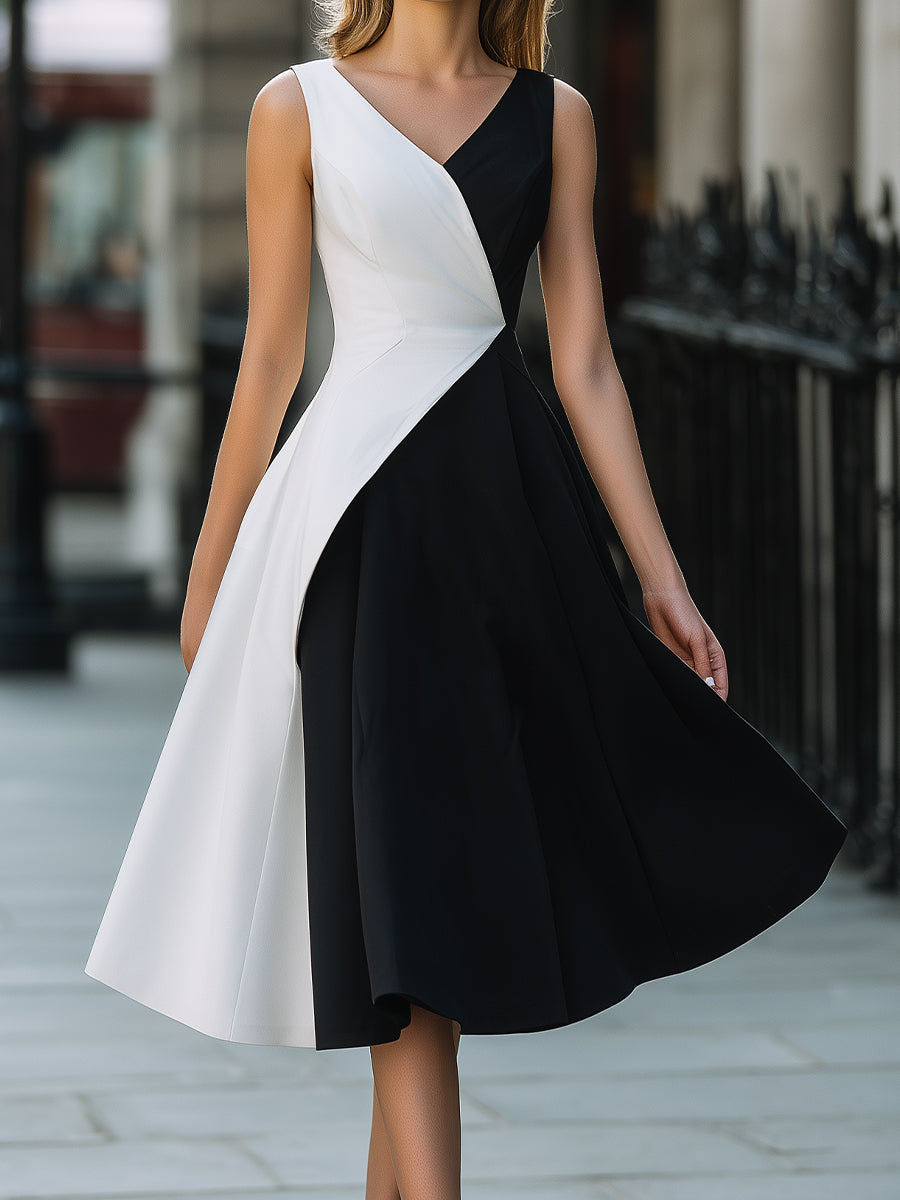 Sleeveless Asymmetric Contrast Panel A-Line Midi Dress