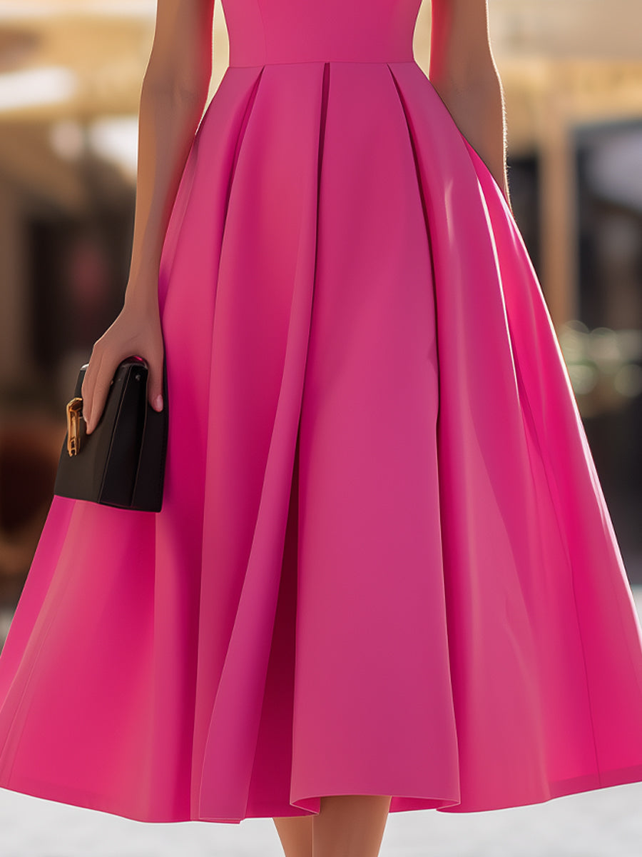 Hot Pink High Neck Sleeveless Pleated Flared A-Line Midi Dress