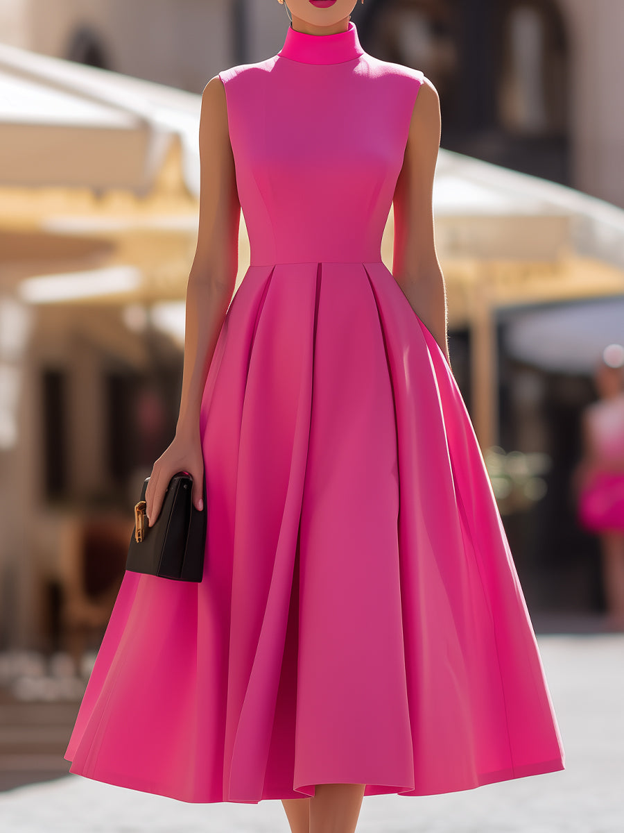 Hot Pink High Neck Sleeveless Pleated Flared A-Line Midi Dress