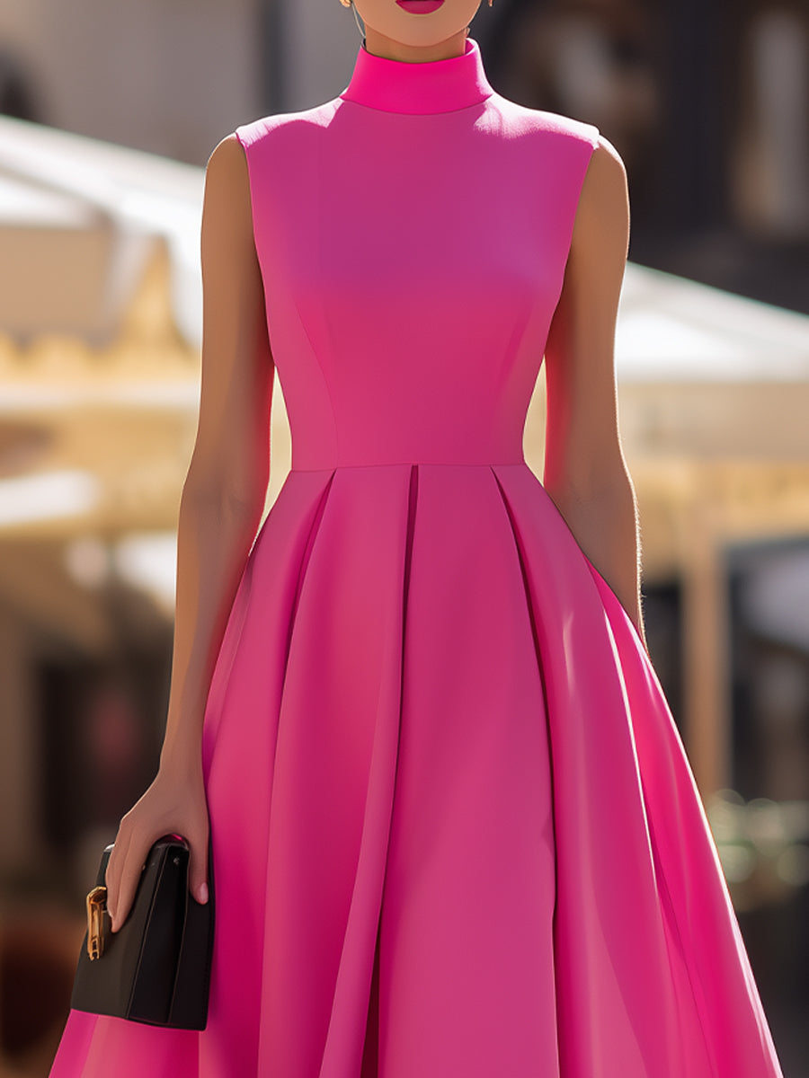 Hot Pink High Neck Sleeveless Pleated Flared A-Line Midi Dress