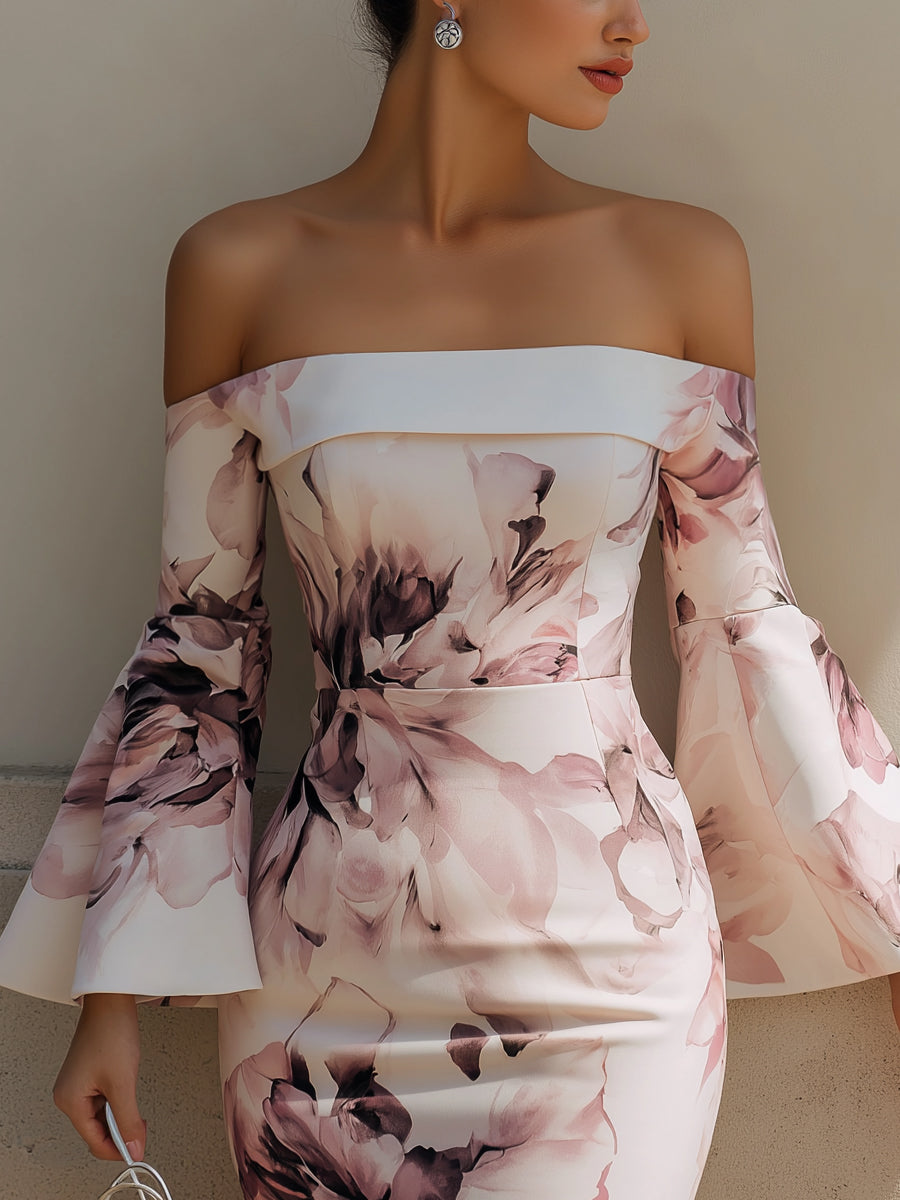 Off-Shoulder Floral Bell Sleeve Mini Dress