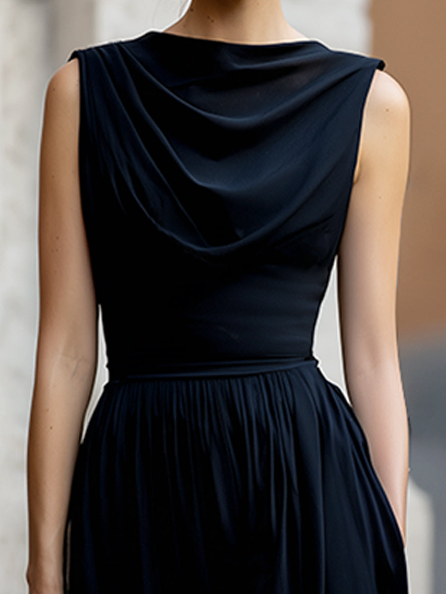 Elegant Draped Sleeveless Waist-Defined Maxi Dress