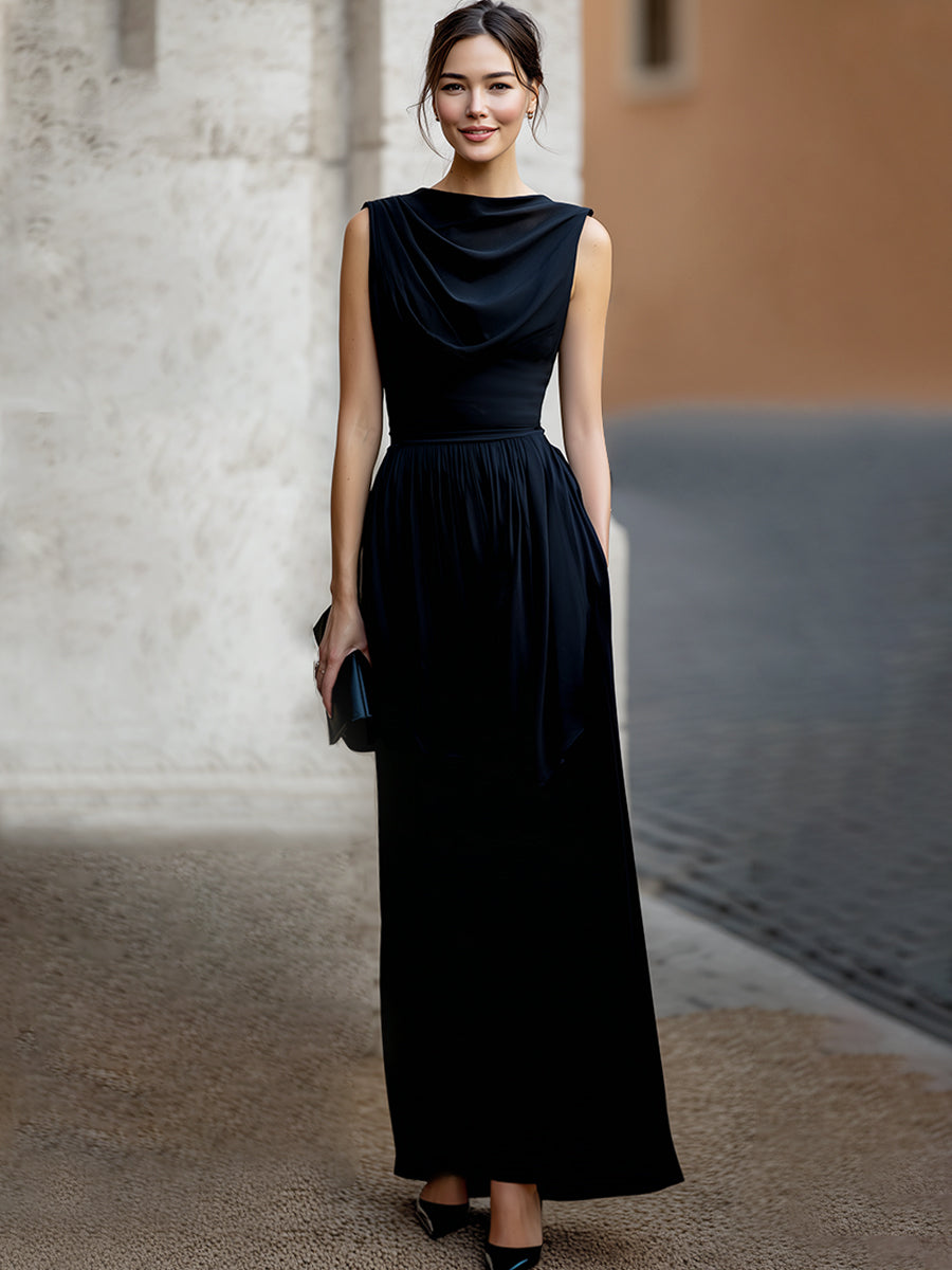 Elegant Draped Sleeveless Waist-Defined Maxi Dress
