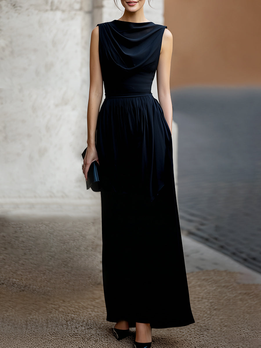 Elegant Draped Sleeveless Waist-Defined Maxi Dress