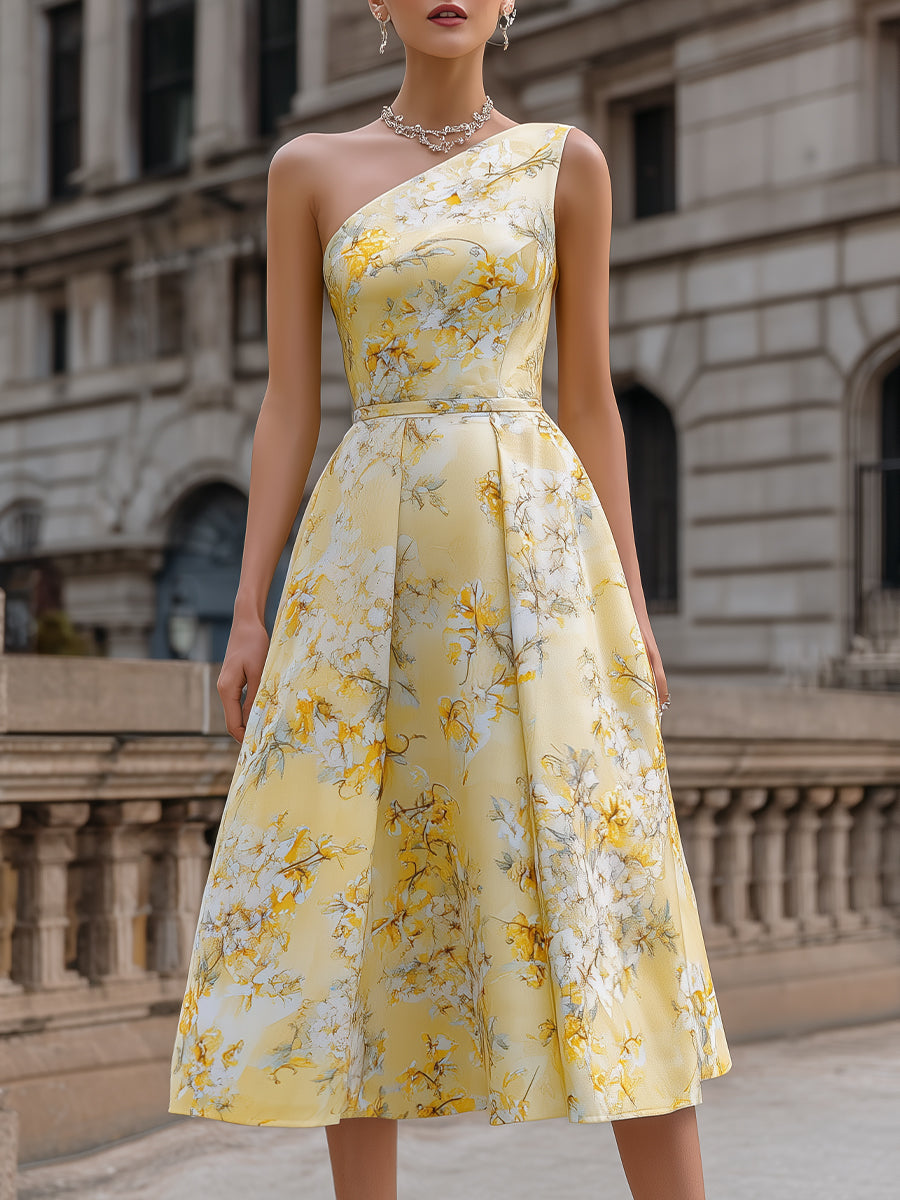 One-Shoulder Floral Print A-Line Midi Dress