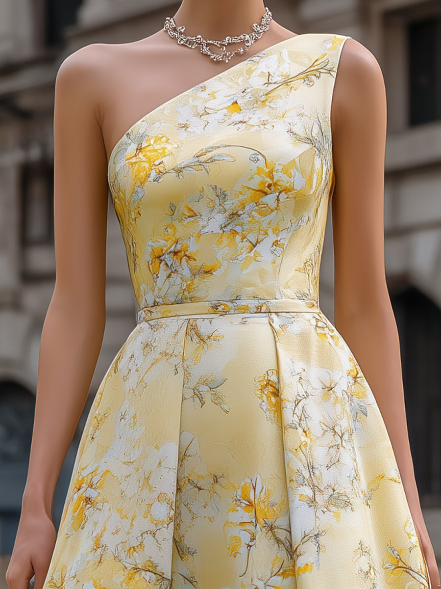 One-Shoulder Floral Print A-Line Midi Dress