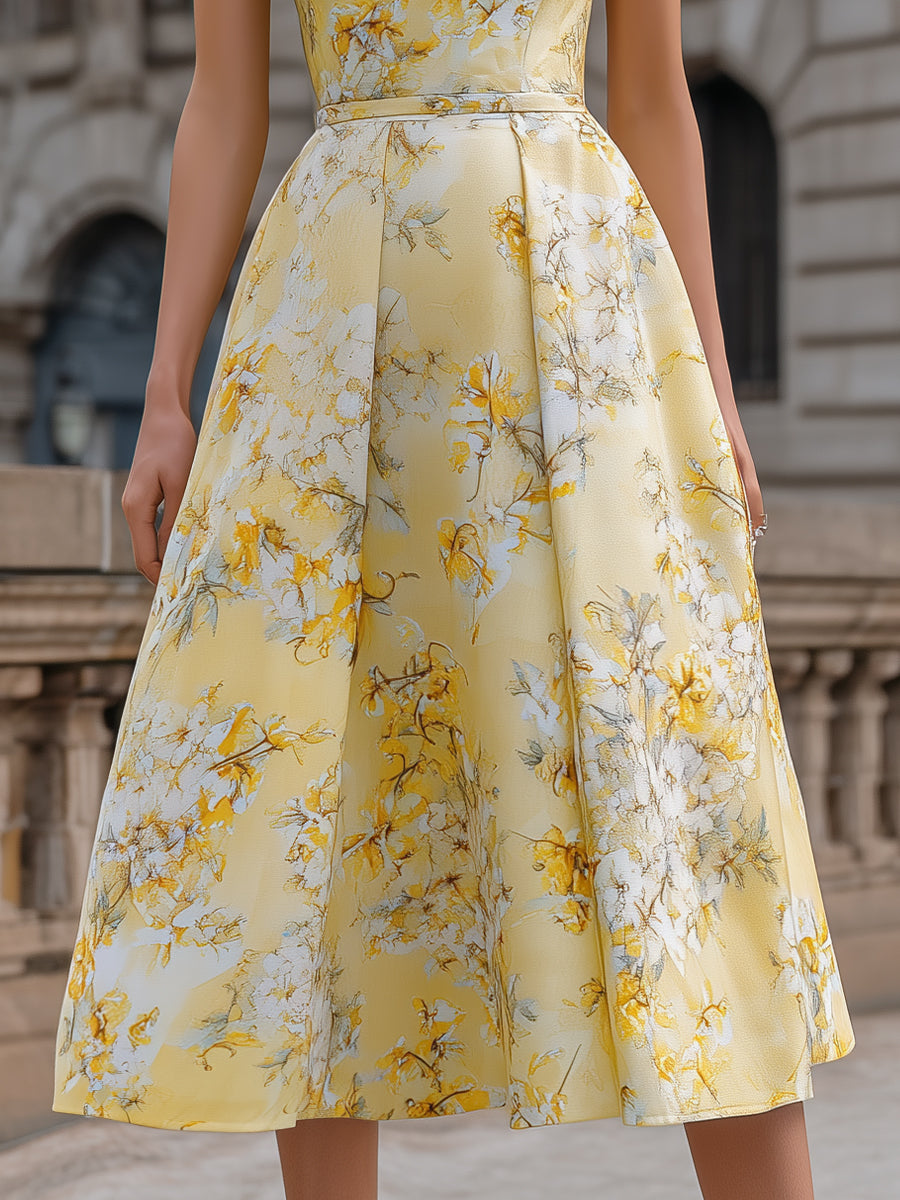 One-Shoulder Floral Print A-Line Midi Dress