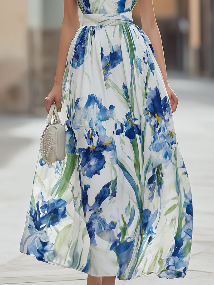 Elegant Watercolor Iris Print Square Neck Maxi Dress