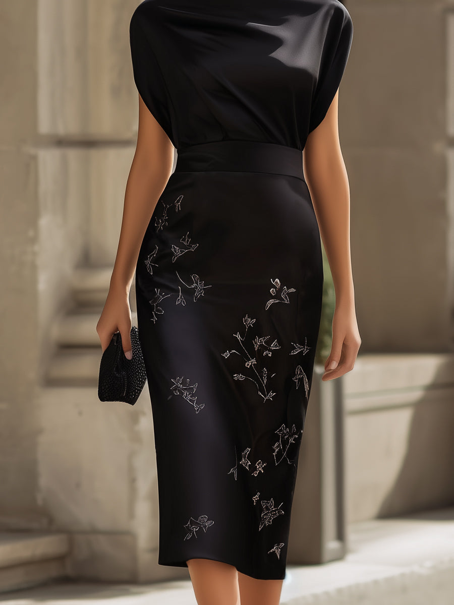 Embroidered Batwing Sleeve Structured Midi Dress