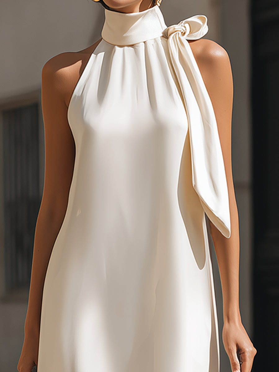 Elegant Ivory Satin Halter Maxi Dress