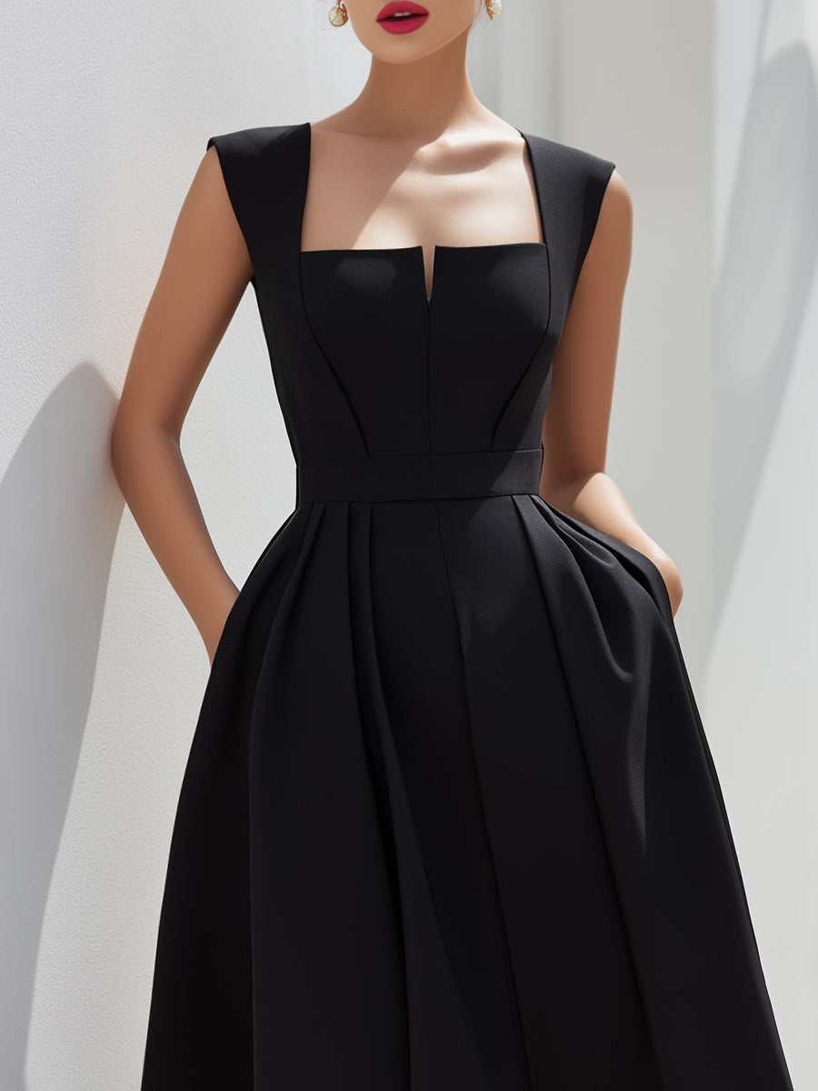 Structured Square-Neck Pleated Midi Dress