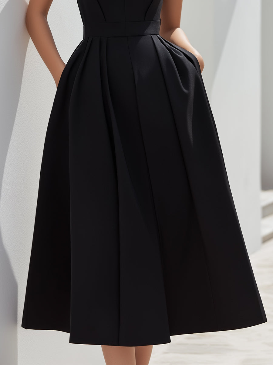 Structured Square-Neck Pleated Midi Dress
