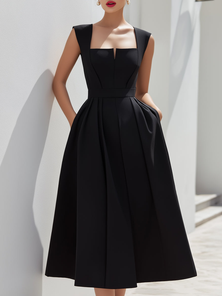 Structured Square-Neck Pleated Midi Dress