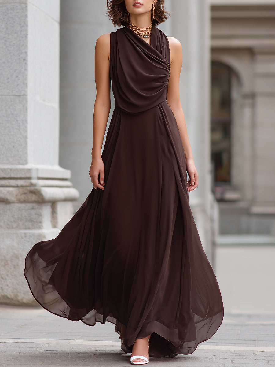 Elegant Brown Draped Cowl Neck Sleeveless Chiffon Maxi Dress