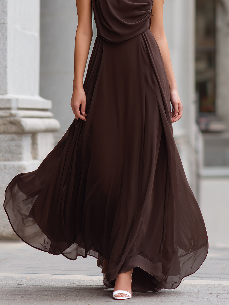 Elegant Brown Draped Cowl Neck Sleeveless Chiffon Maxi Dress