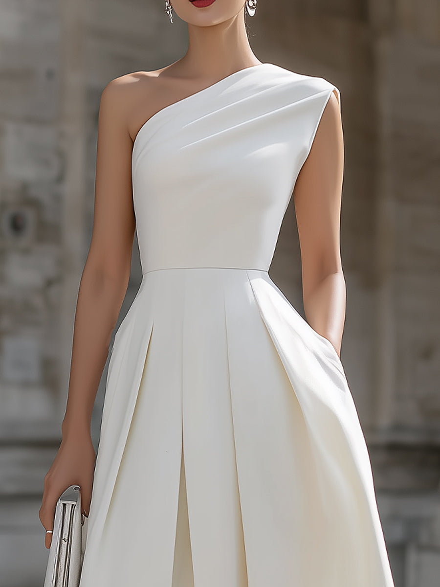 White One-Shoulder Draped Pleated A-Line Midi Dress With Pockets