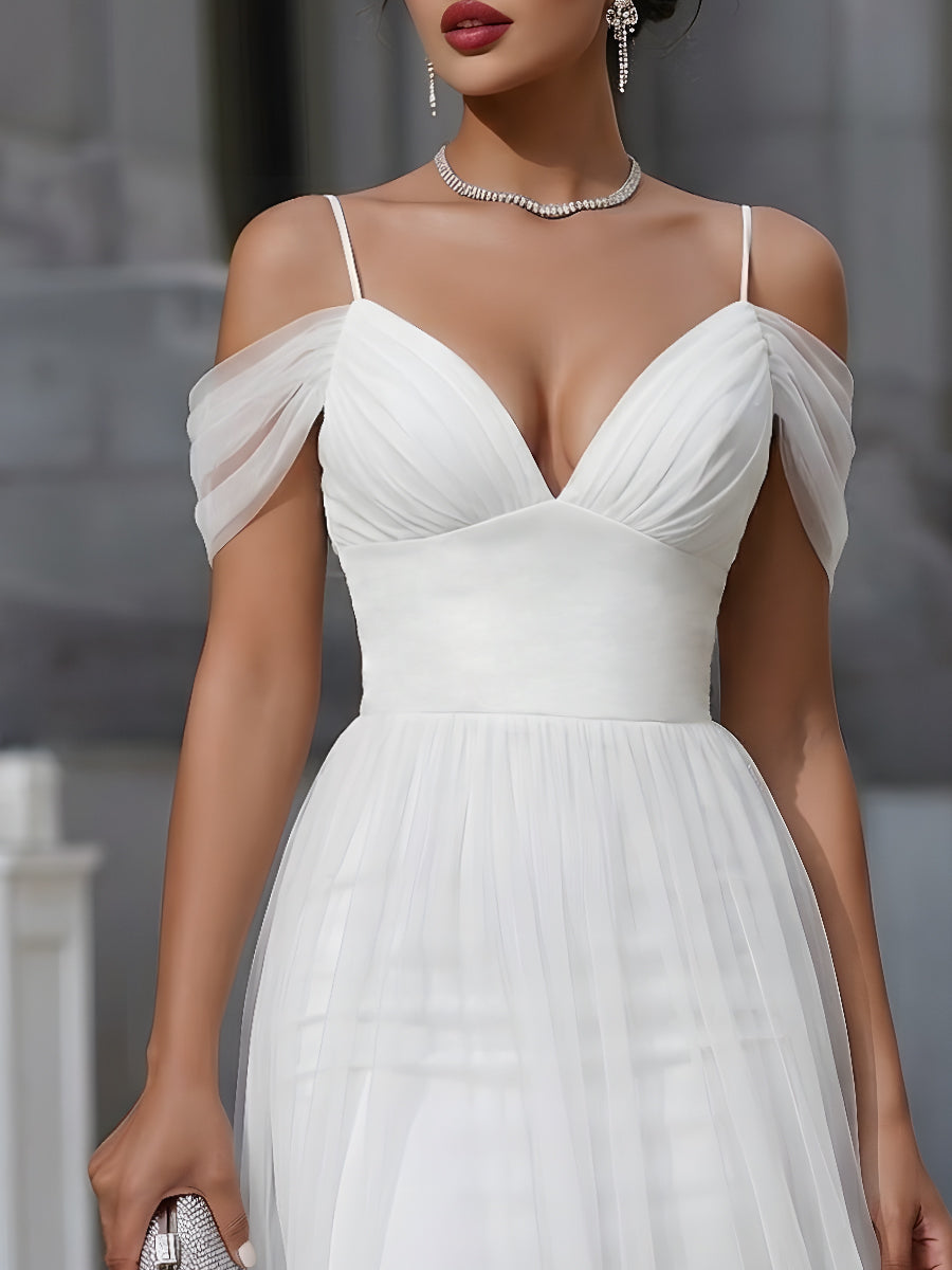 Off-Shoulder Sheer Overlay Pleated Maxi Dress