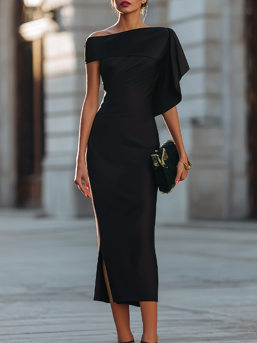 Asymmetric One-Shoulder Draped Midi Dress