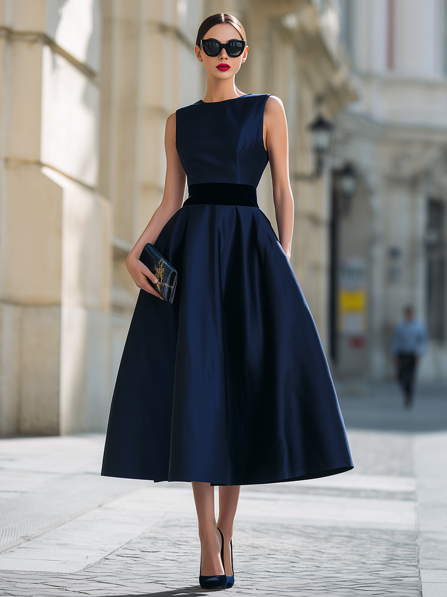Sleeveless Structured Waist A-Line Midi Dress