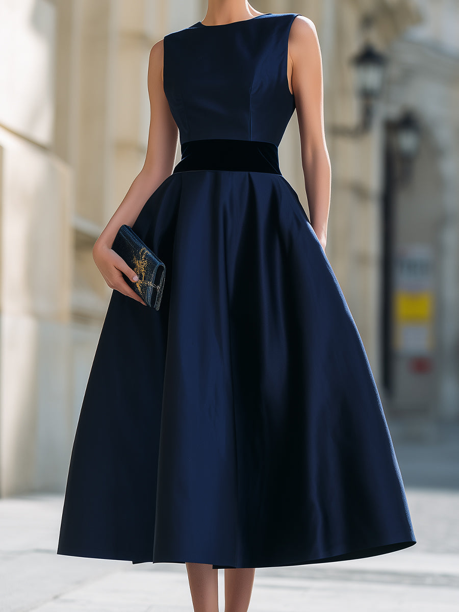 Sleeveless Structured Waist A-Line Midi Dress