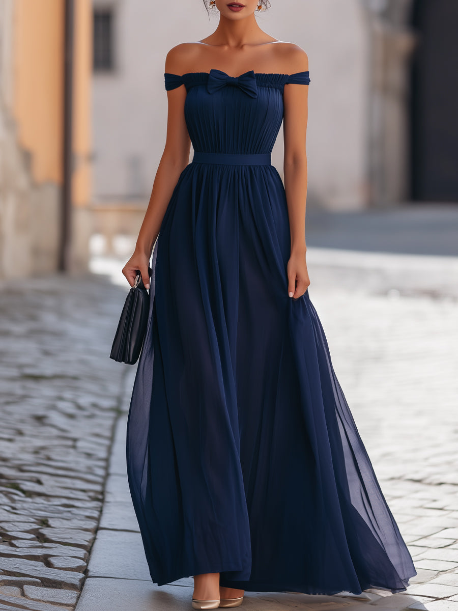 Off-Shoulder Bow Pleated Flowing Maxi Dress