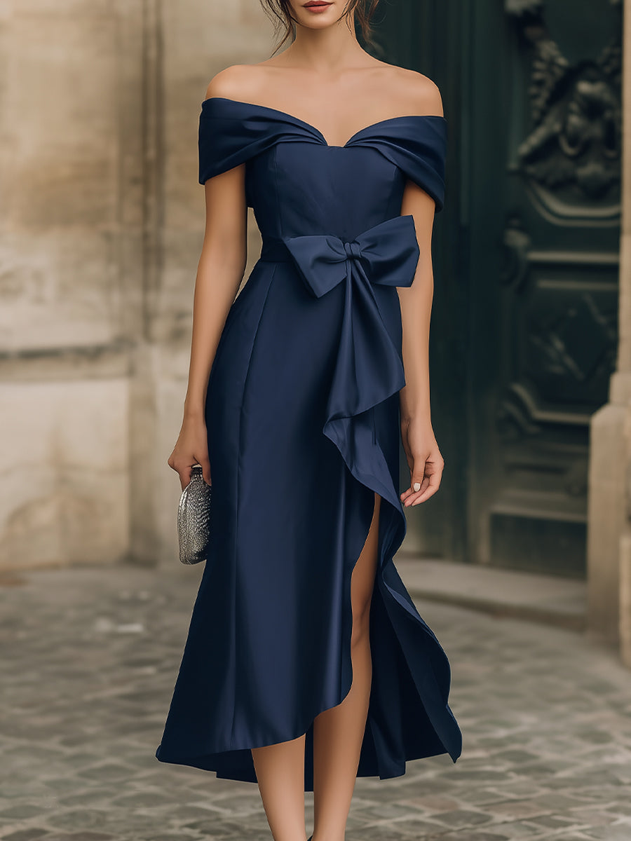 Navy Blue Off The Shoulder Bow Detail Ruffle Hem High Low Midi Dress