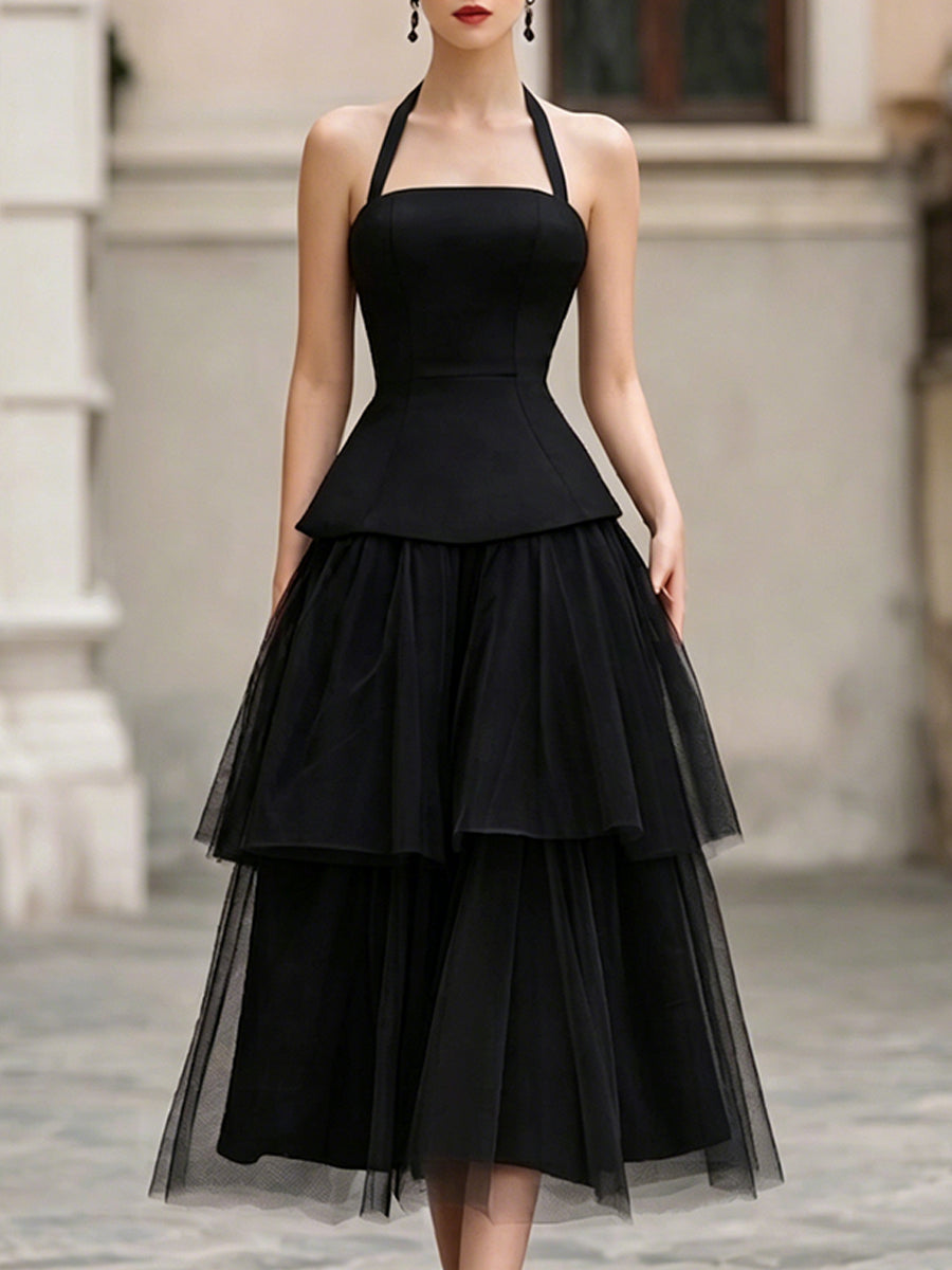 Halter Neck Structured Tiered Tulle Midi Dress