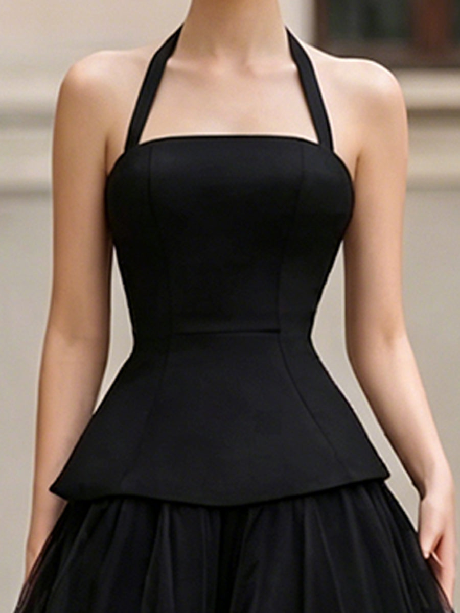 Halter Neck Structured Tiered Tulle Midi Dress