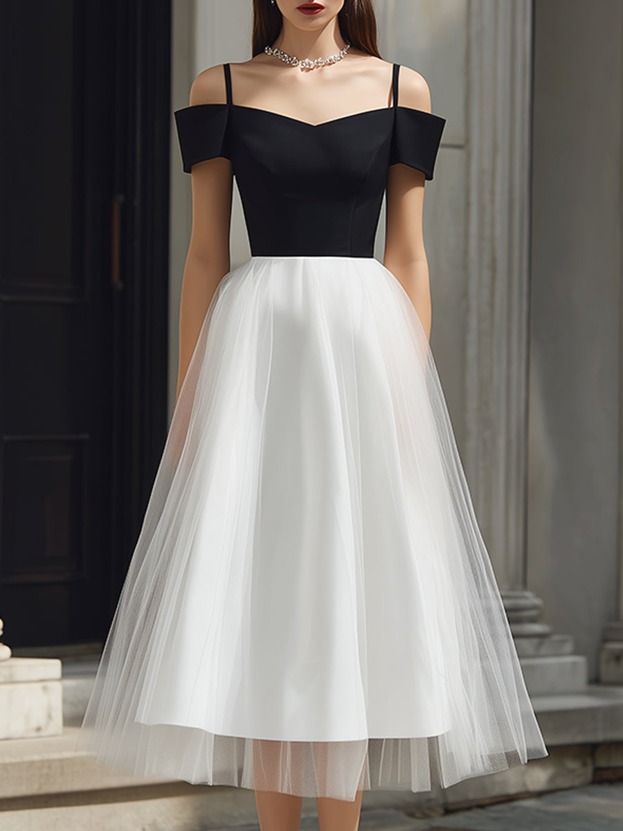 Off-Shoulder Strap Detail Tulle A-Line Midi Dress
