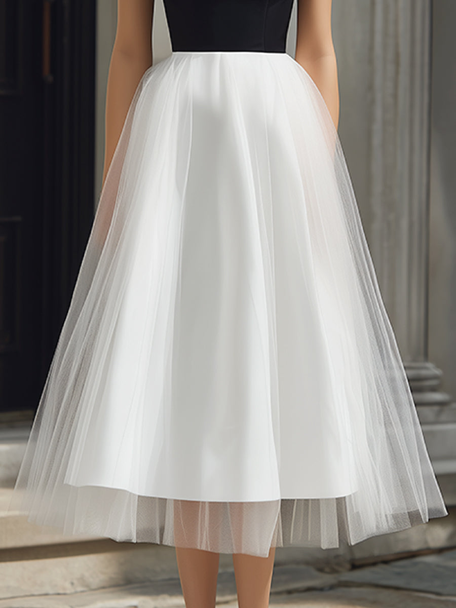 Off-Shoulder Strap Detail Tulle A-Line Midi Dress