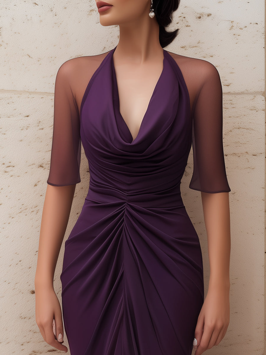 Sheer Sleeve Draped Ruched High-Slit Maxi Dress