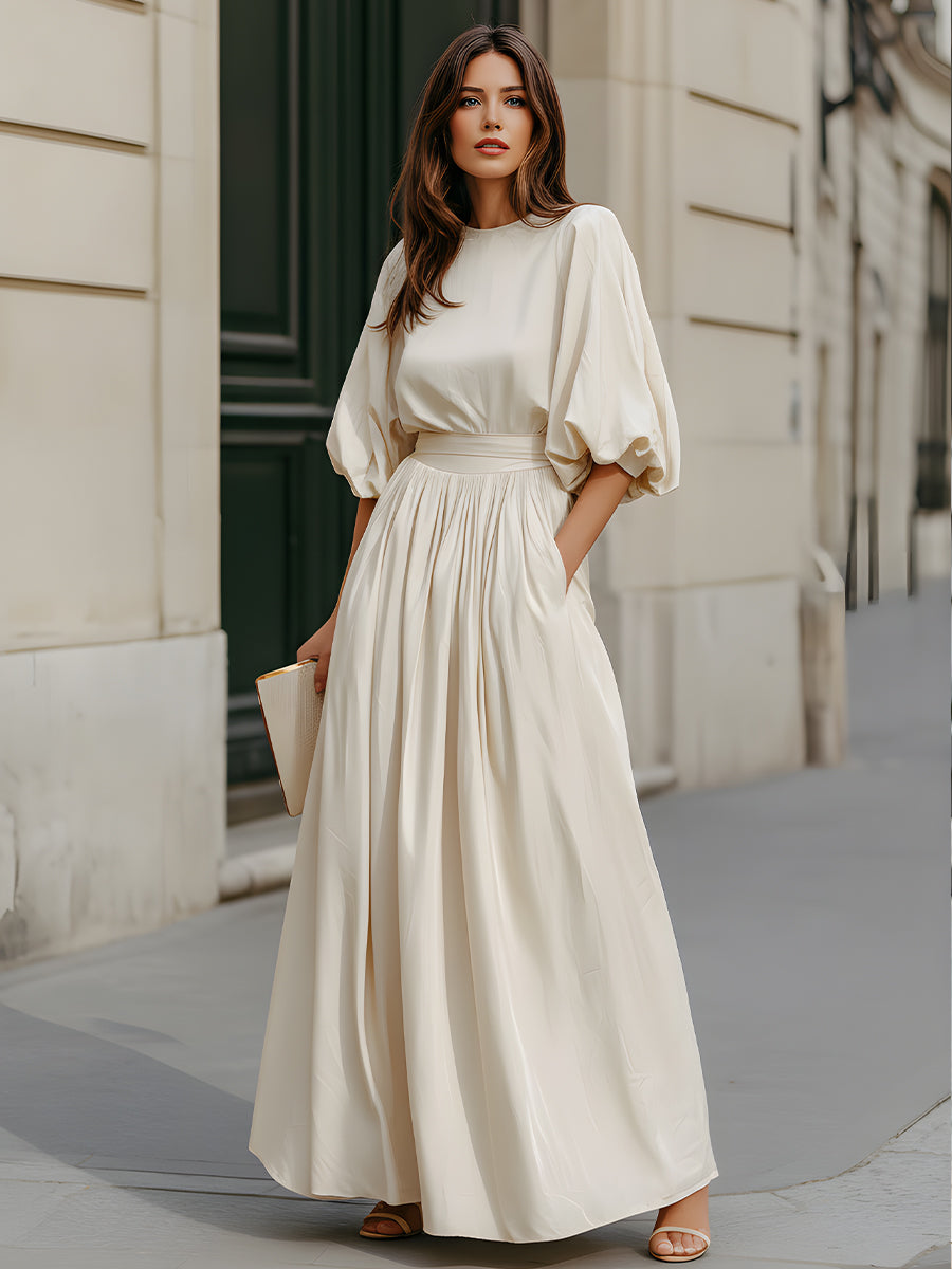 Round Neck Puff Sleeve Gathered Waist Maxi Dress