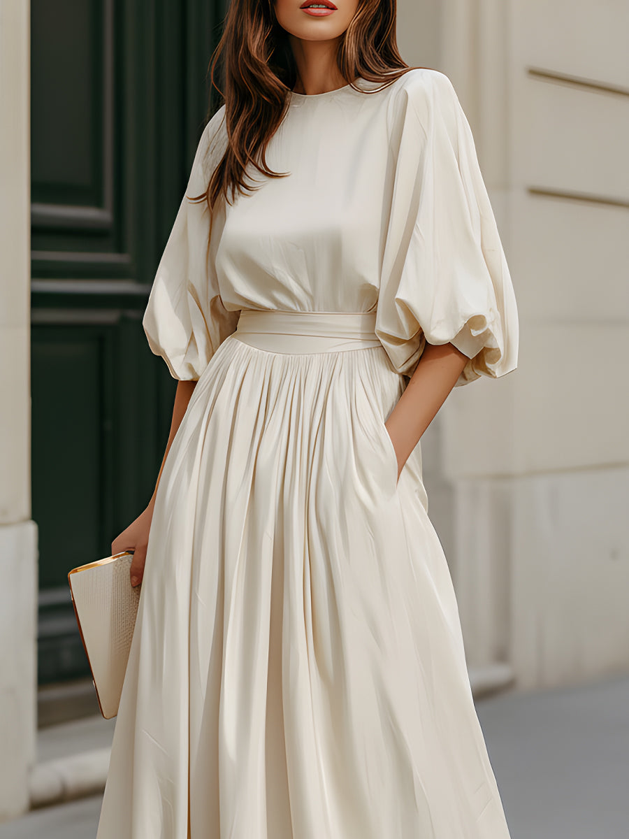 Round Neck Puff Sleeve Gathered Waist Maxi Dress