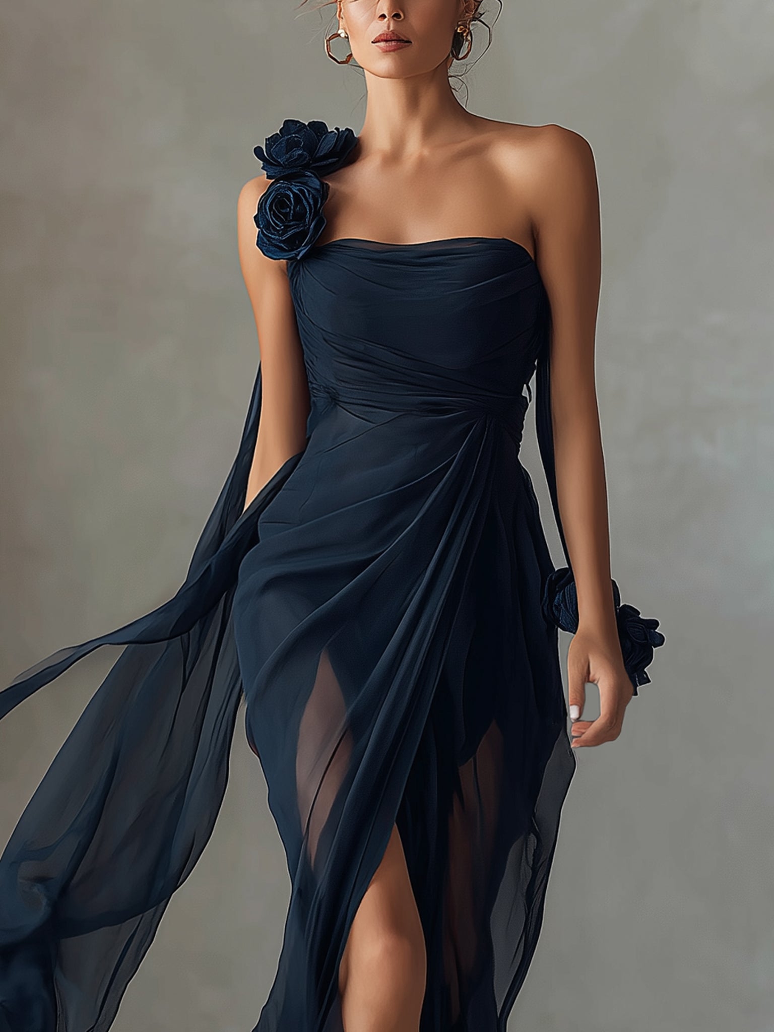 Navy Blue Asymmetric Chiffon Maxi Dress With Floral Accents