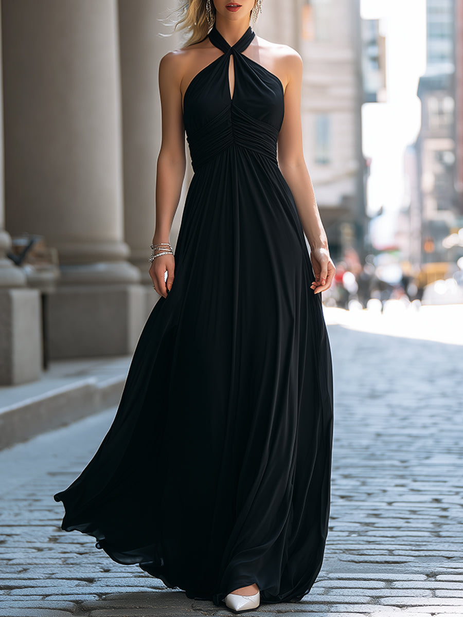 Halter Neck Ruched Bodice Flowing Maxi Evening Dress