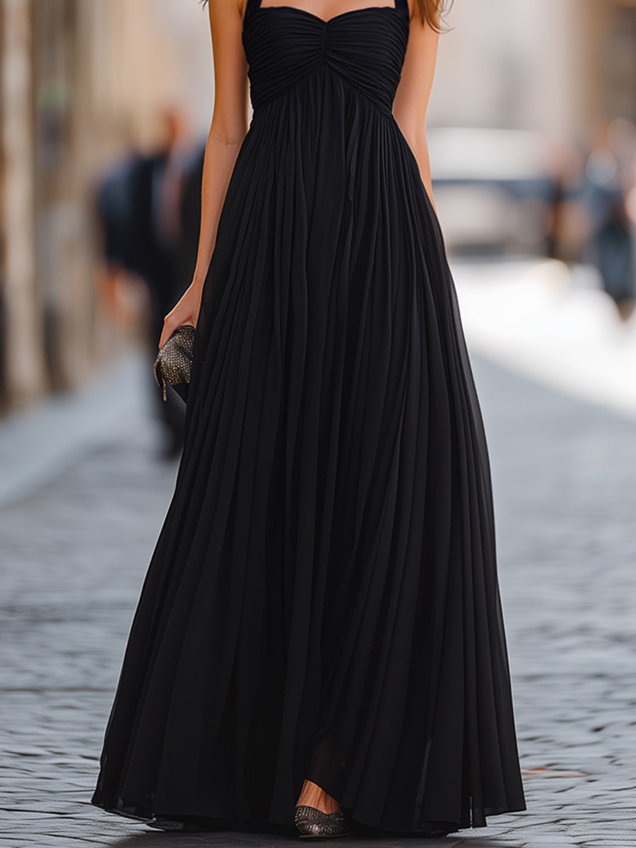 Ruched Bodice Halter Neck Maxi Dress With Flowing A-Line Silhouette
