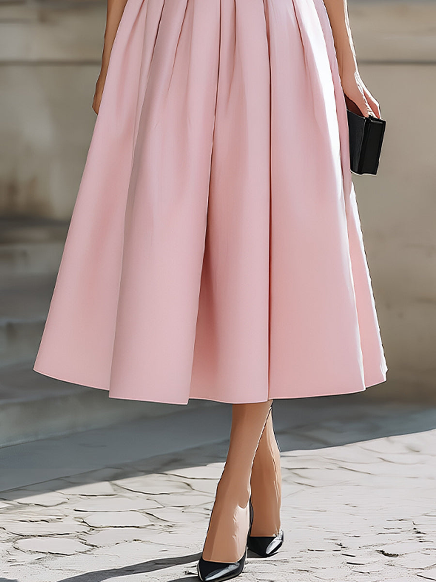 Black & Pink Color-Block Square-Neck Pleated Midi Dress