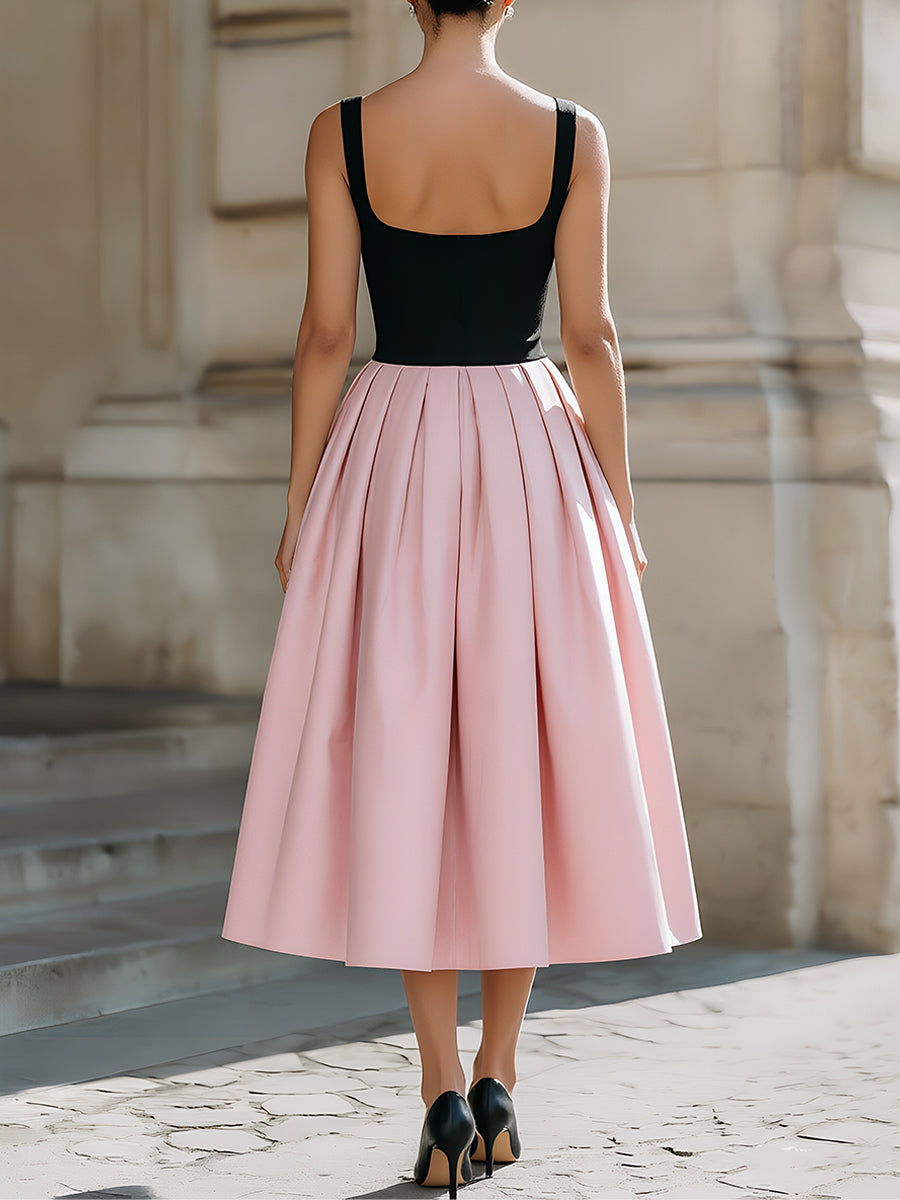 Black & Pink Color-Block Square-Neck Pleated Midi Dress