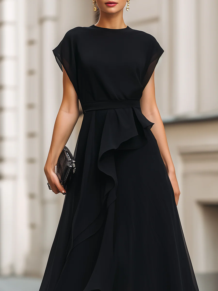 Asymmetric Ruffle High-Low Maxi Dress With Defined Waist